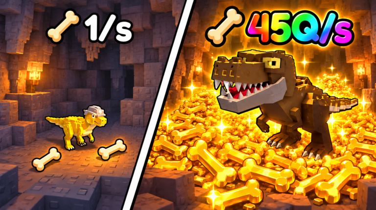 My Dino Empire artwork contrasting a small dinosaur digging single bones in a cave with a huge golden dinosaur standing on a giant pile of bones