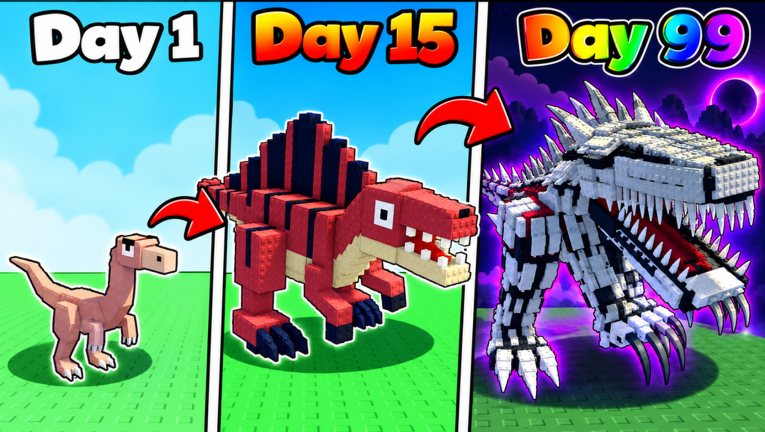 Dinosaur growth progression comparing a small starting dinosaur, a mid-stage spinosaurus and a giant armored endgame dinosaur