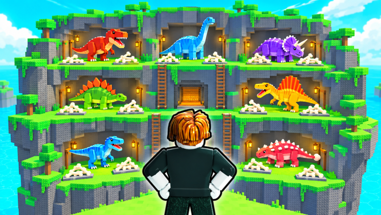 Multi-level terraced dino empire base with differently colored dinosaurs, bone piles and ladders
