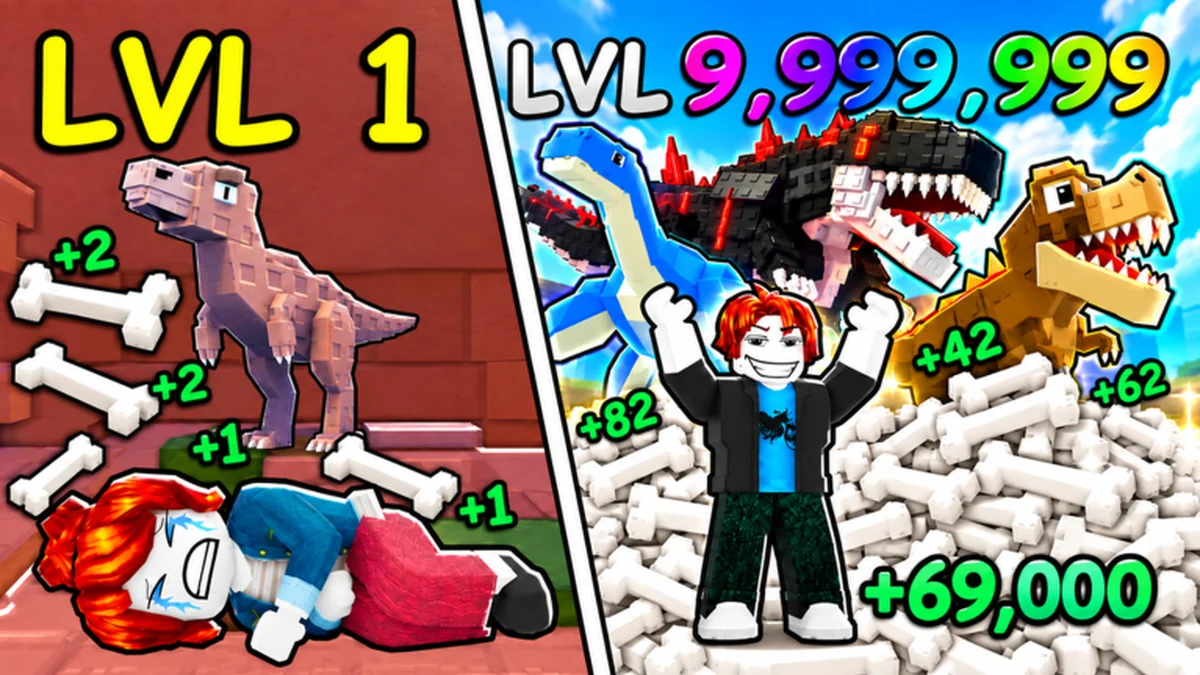 My Dino Empire art comparing a level 1 dinosaur digging a few bones with high-level dinosaurs digging huge piles of bones